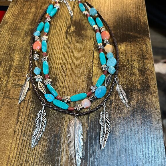 Turquoise‎ Feather Southwestern Boho Multi Necklace and Earrings Set - Picture 3 of 11